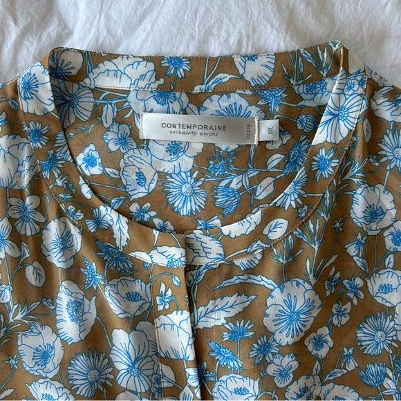 Floral Blue & Khaki Button Down Blouse w/ Bow on Sleeves Contemporaine (Simons) - Picture 4 of 5